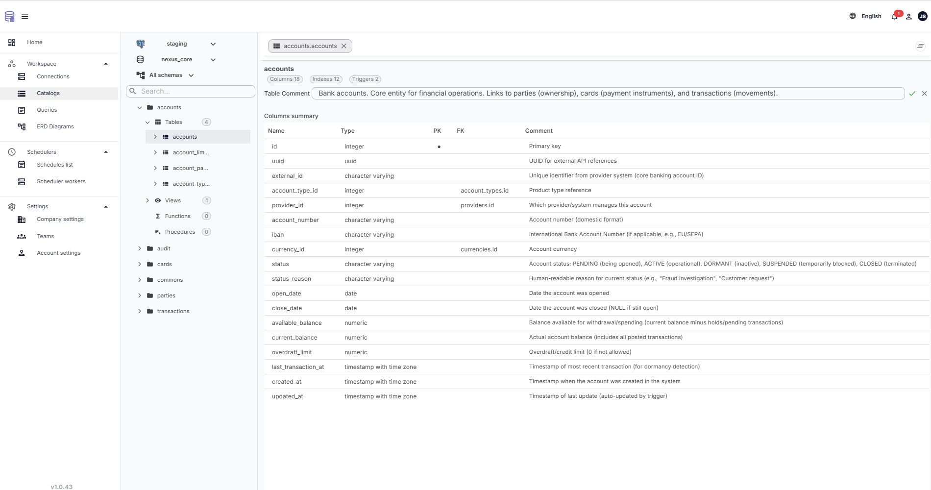 Database catalog showing schemas, tables, columns, and native comments