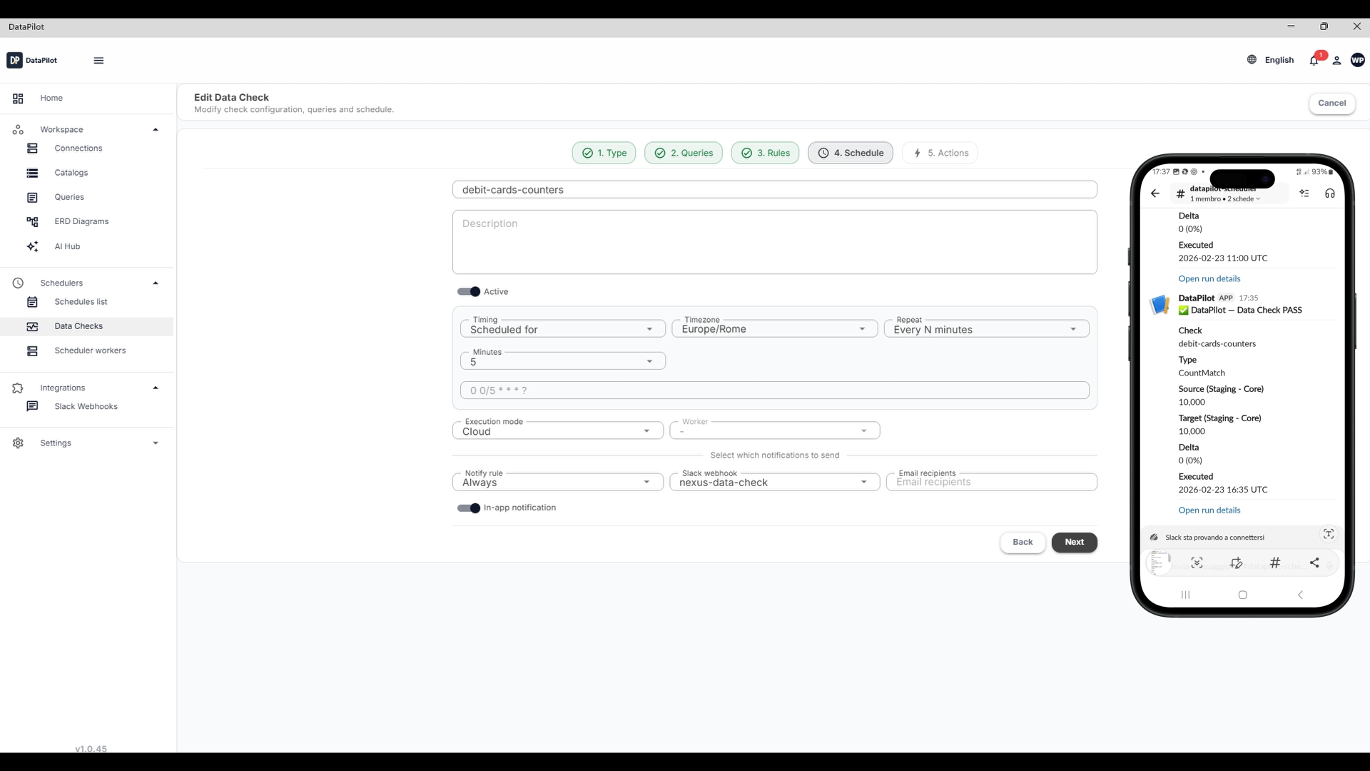 Data quality checks dashboard with status distribution and recent runs