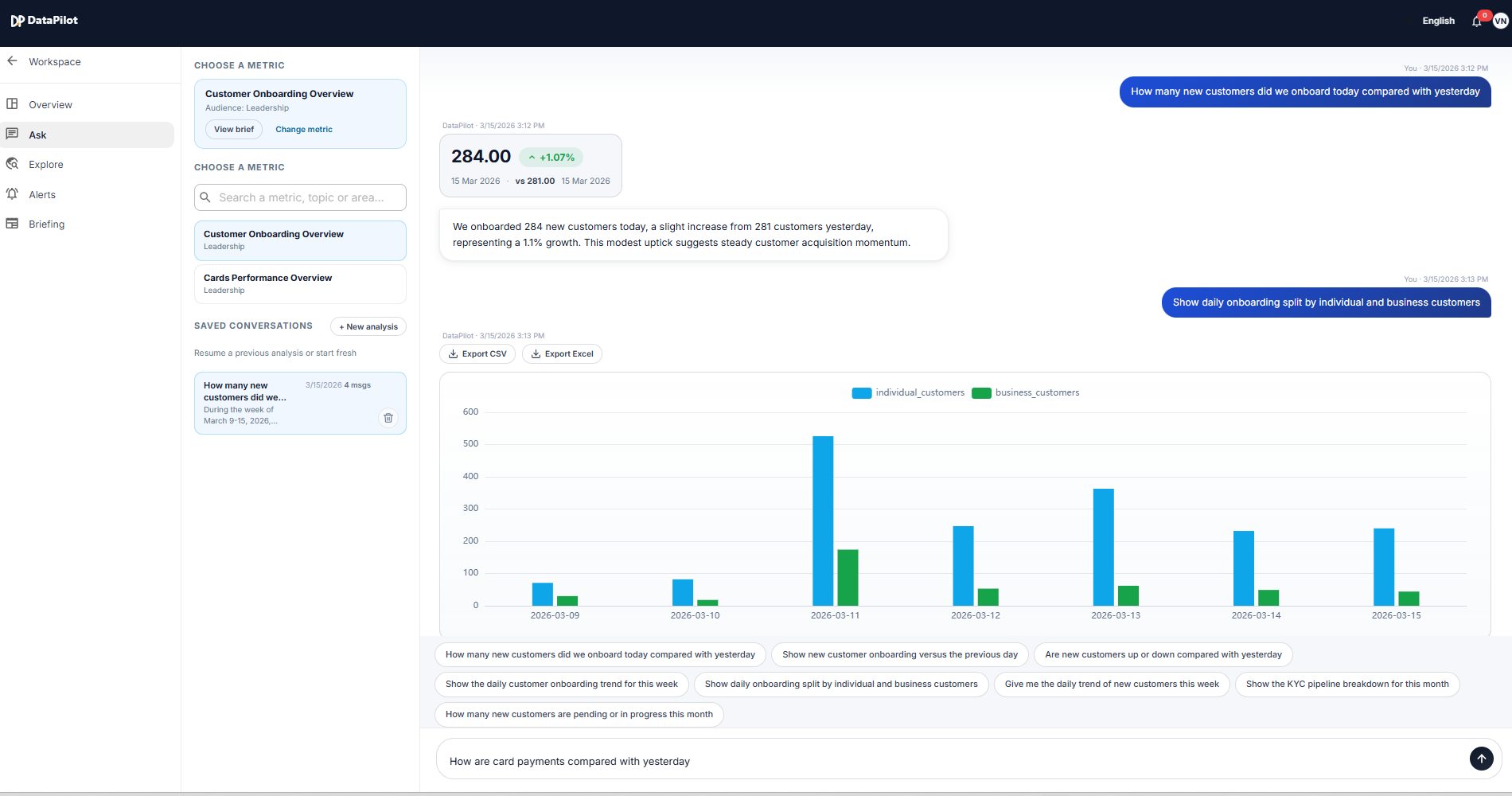 DataPilot business experience with governed KPI answers and live metrics