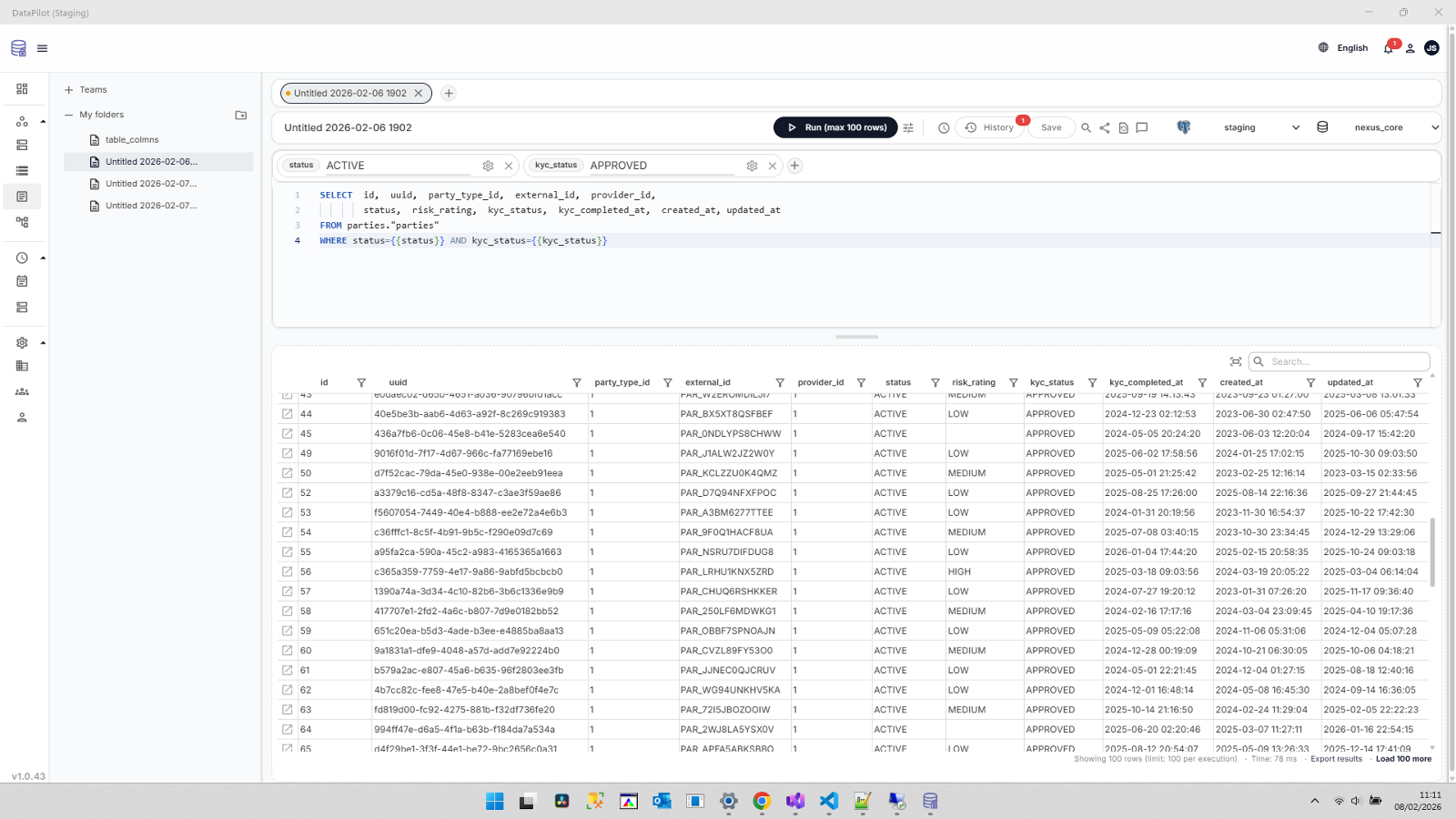 DataPilot query workspace with tabs, version history, variables, and export delivery